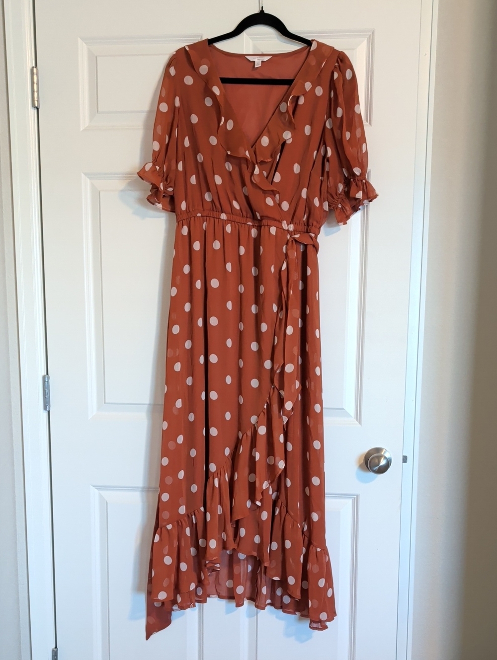 LC Lauren Conrad Rust Polka Dot Ruffle Wrap Dress